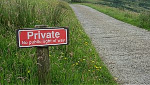 Private no public right of way sign demonstrating privacy and boundaries in driveway