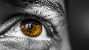 Man's brown eye close-up with monochrome