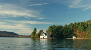 Rural mental health in countryside community with lake and trees